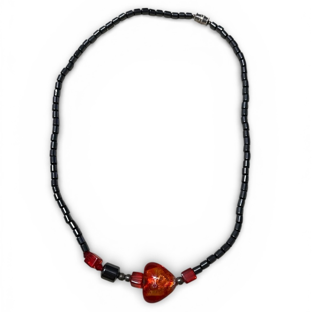 GOTHIC ROMANCE HEMATITE, GLASS HEART NECKLACE